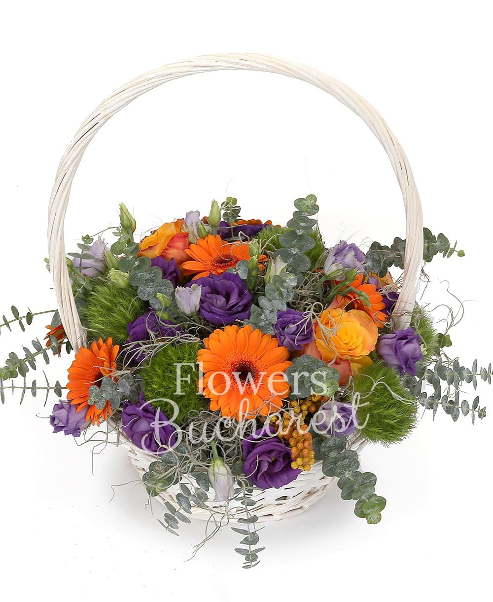 6 orange gerbera, 3 orange roses, 5 mauve lisianthus, 8 green carnations, greenery