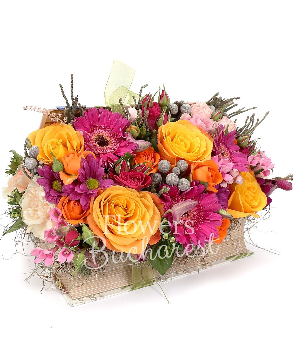 4 orange roses, 2 pink roses, 3 cyclam gerbera, 3 pink bouvardia, 3 cyclam miniroses, 2 pink miniroses, brunia, cyclam chrysanthemum, 5 cream carnations, book