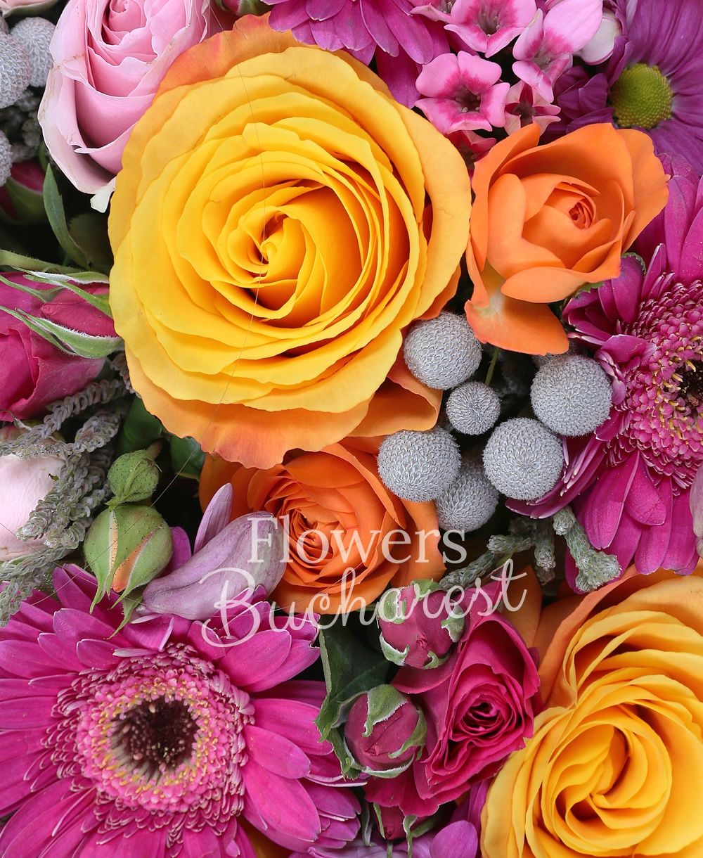 4 orange roses, 2 pink roses, 3 cyclam gerbera, 3 pink bouvardia, 3 cyclam miniroses, 2 pink miniroses, brunia, cyclam chrysanthemum, 5 cream carnations, book