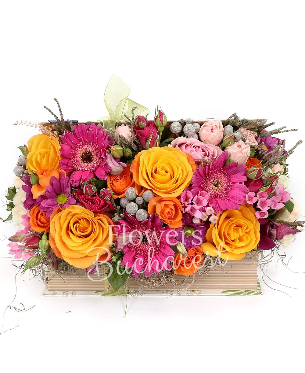4 orange roses, 2 pink roses, 3 cyclam gerbera, 3 pink bouvardia, 3 cyclam miniroses, 2 pink miniroses, brunia, cyclam chrysanthemum, 5 cream carnations, book
