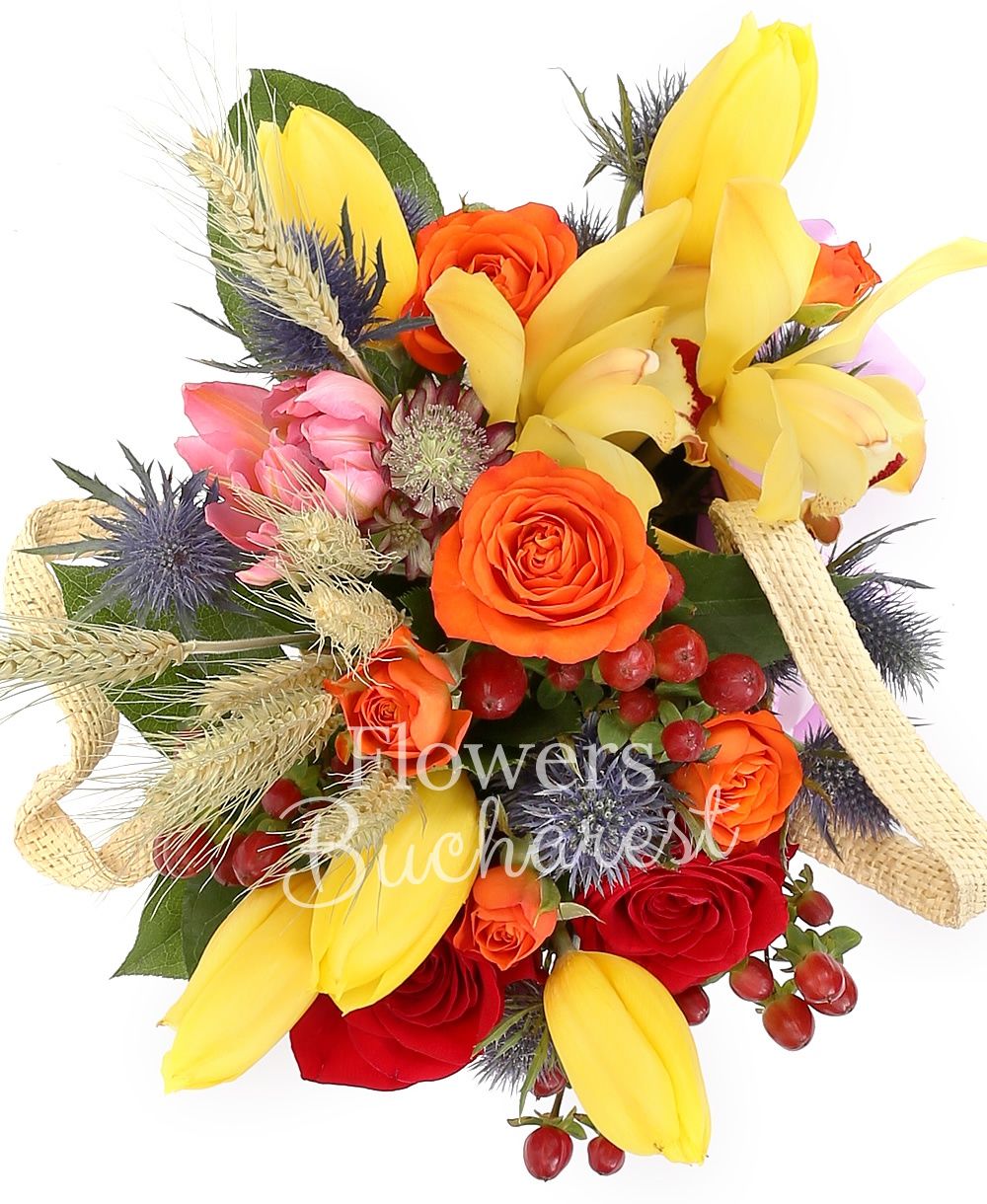 5 yellow tulips, 3 red roses, 2 orange miniroses, eryngium, yellow cymbidium