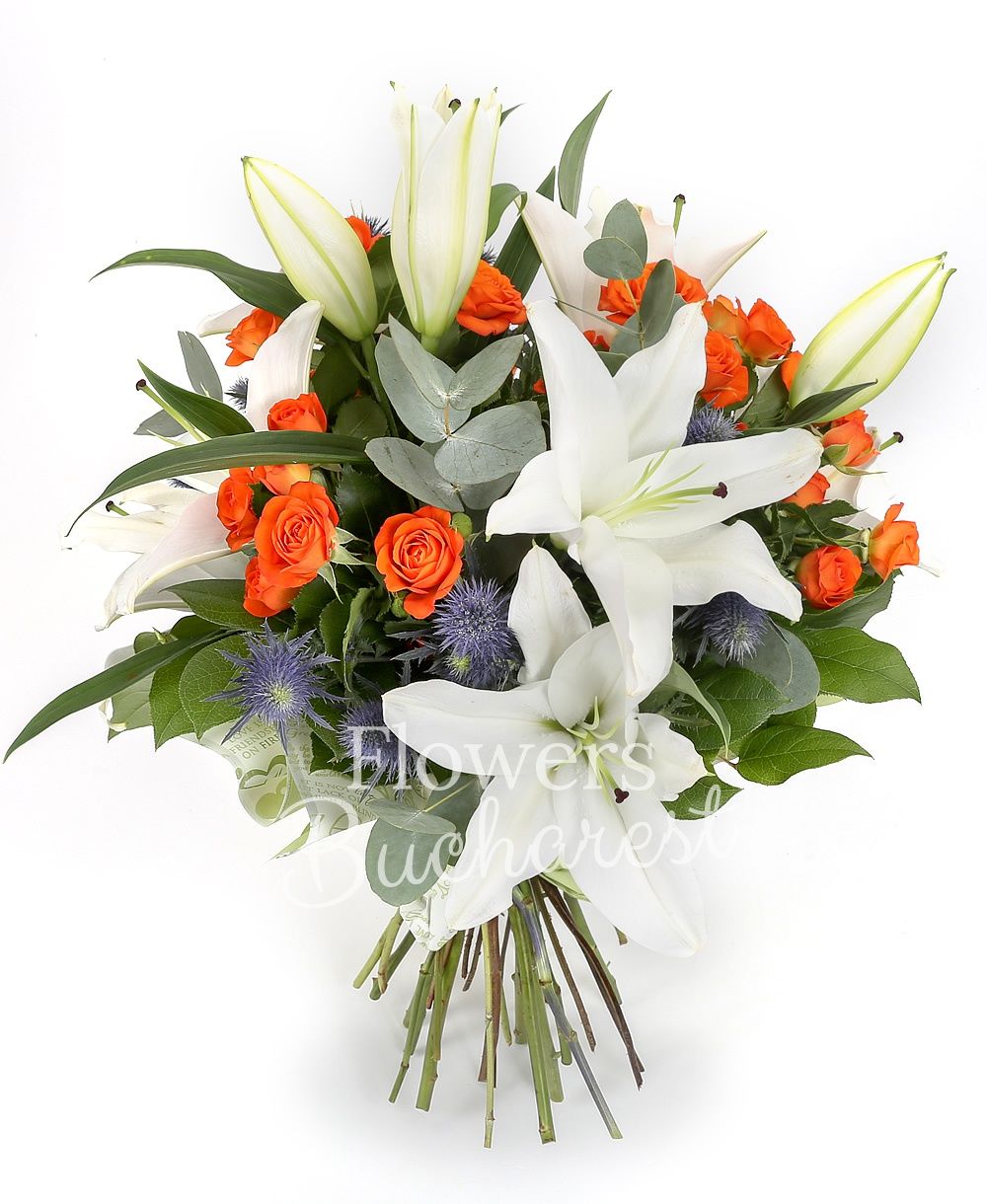 5 lilies, 7 orange miniroses, 5 blue eryngium, greenery