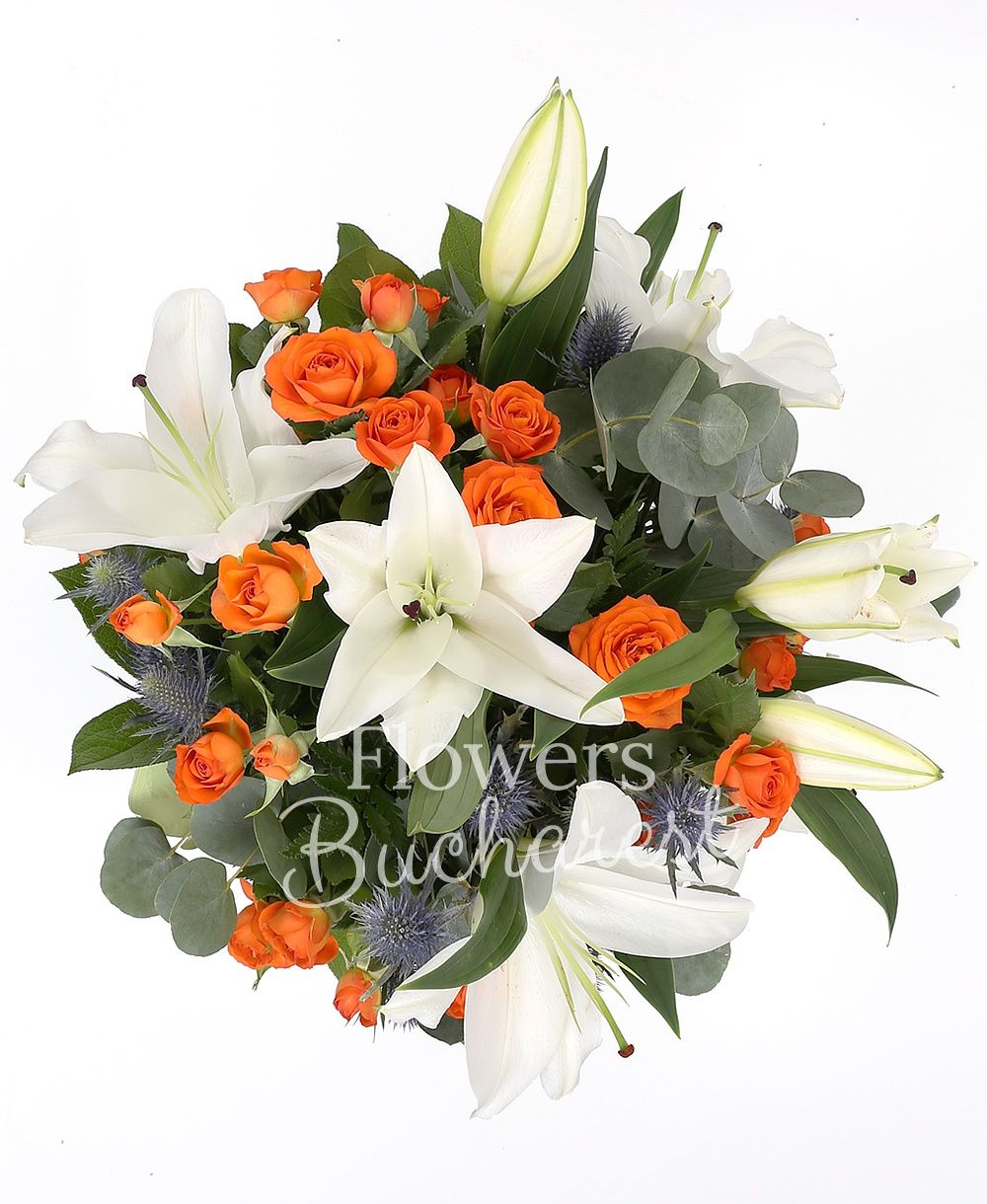 5 lilies, 7 orange miniroses, 5 blue eryngium, greenery