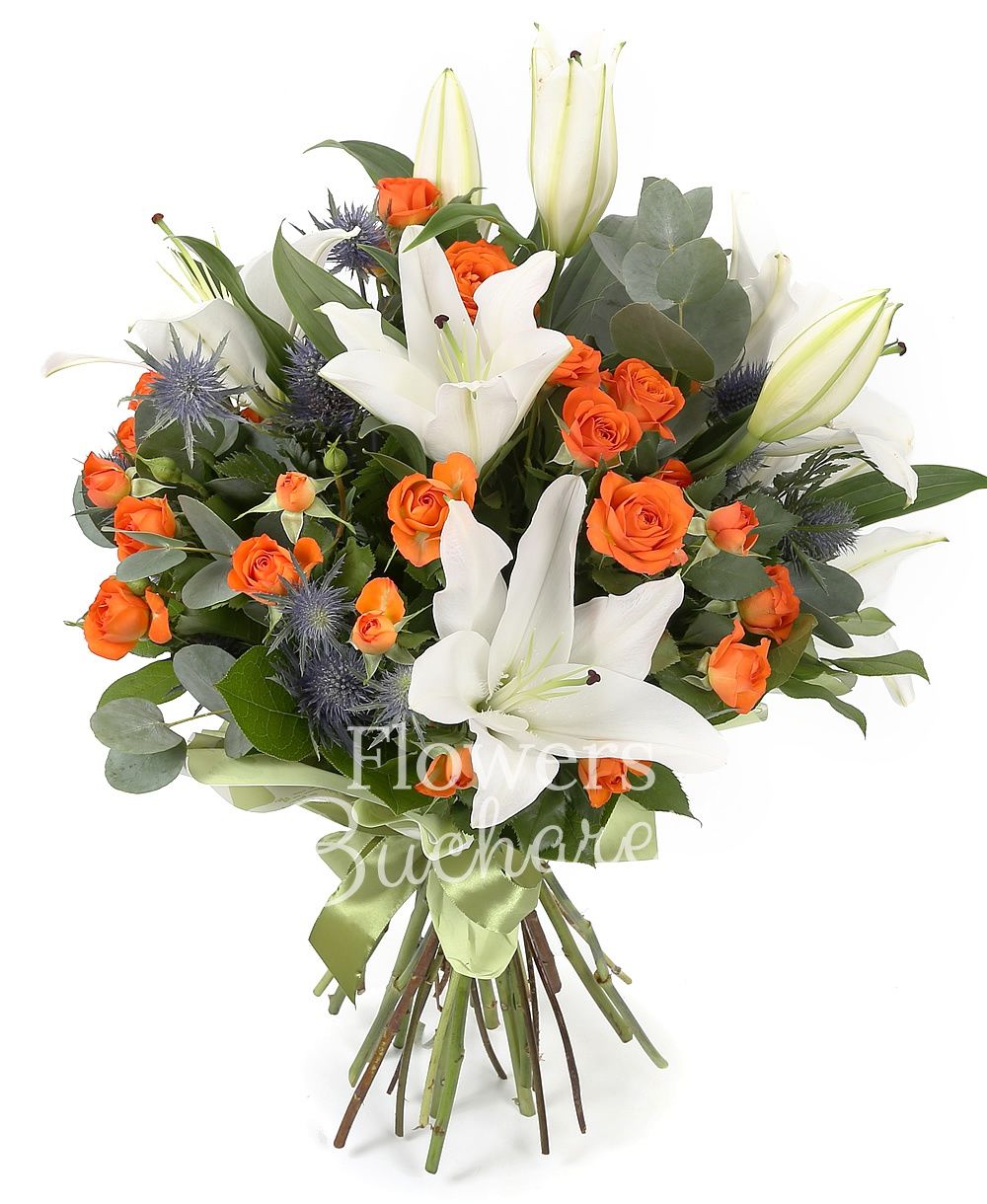 5 lilies, 7 orange miniroses, 5 blue eryngium, greenery