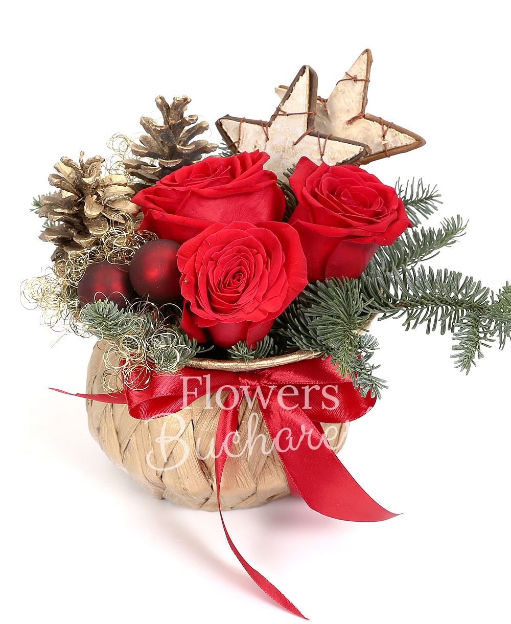 3 red roses, silver fir, christmas decorations, basket