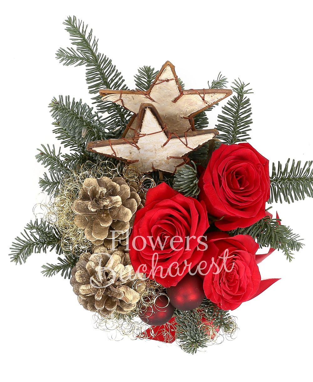 3 red roses, silver fir, christmas decorations, basket