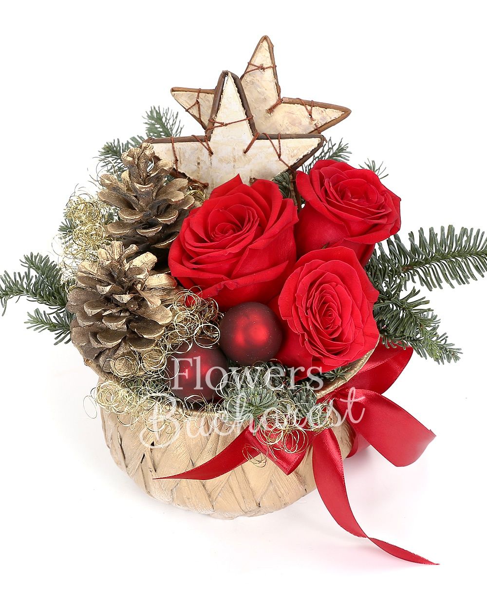 3 red roses, silver fir, christmas decorations, basket