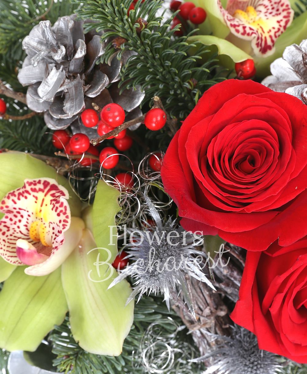 3 red roses, 5 freesias, green cymbidium, ilex, silver fir, eryngium, greenery, christmas decorations, ceramic vase