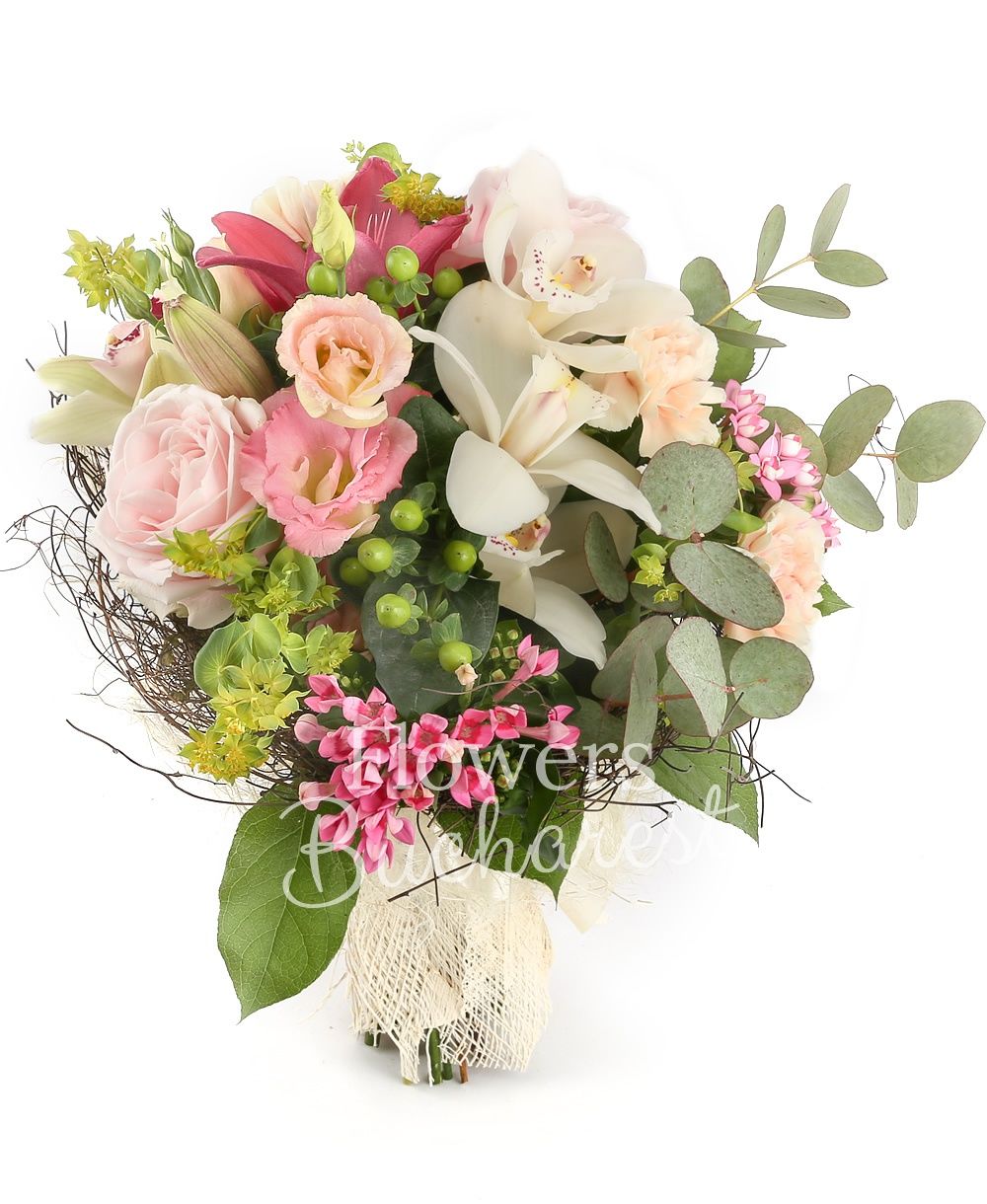 3  pink roses, 2 pink lisianthus, 3 cream carnations, 1 pink lily, 3 pink bouvardia, 3 green hypericum, white cymbidium, green cymbidium, bupleurum, greenery