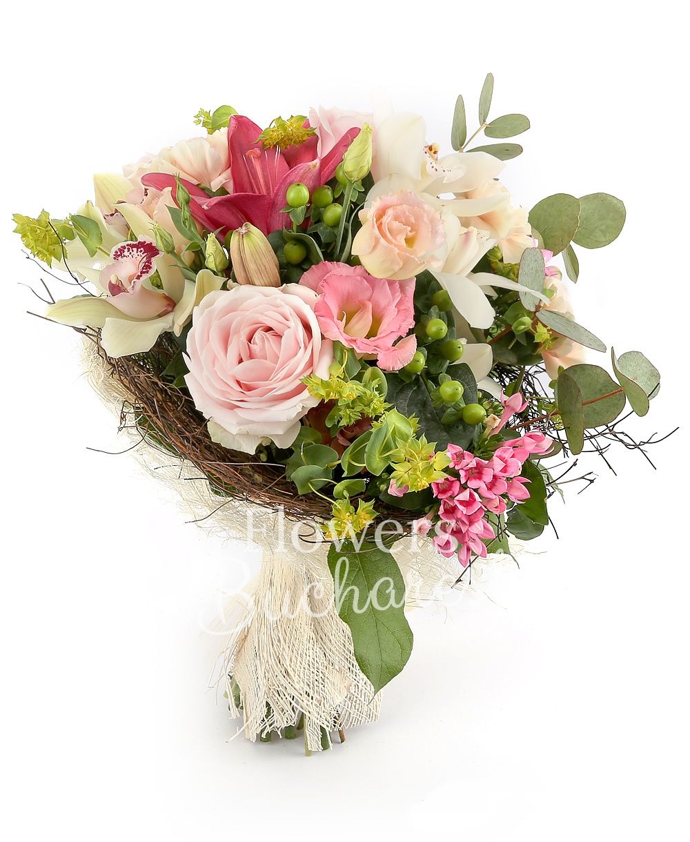 3  pink roses, 2 pink lisianthus, 3 cream carnations, 1 pink lily, 3 pink bouvardia, 3 green hypericum, white cymbidium, green cymbidium, bupleurum, greenery