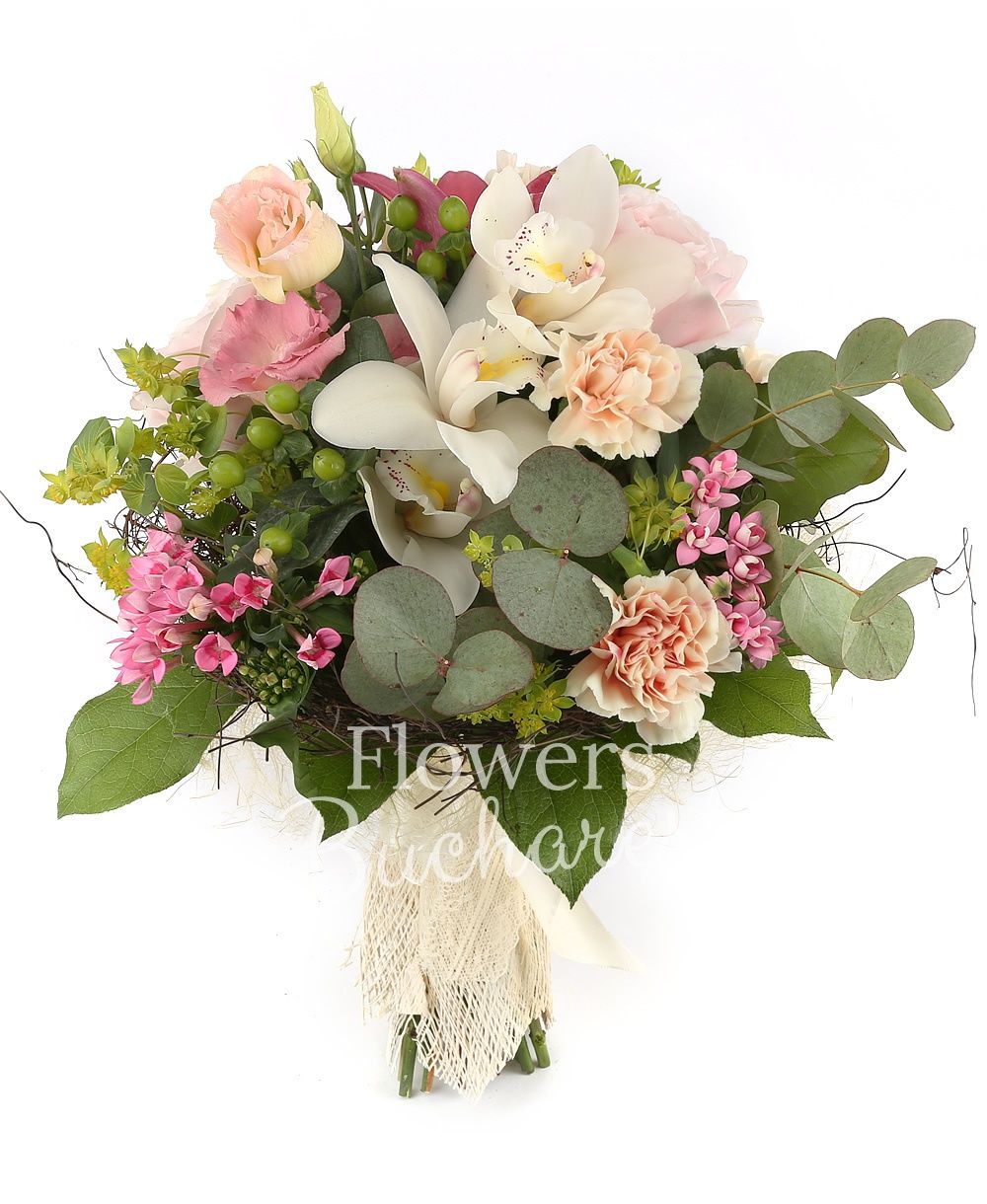 3  pink roses, 2 pink lisianthus, 3 cream carnations, 1 pink lily, 3 pink bouvardia, 3 green hypericum, white cymbidium, green cymbidium, bupleurum, greenery