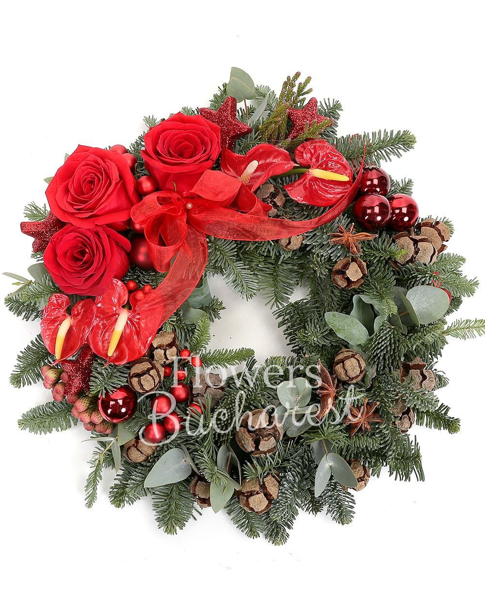 3 red roses, 4 anthurium, brunia, greenery, silver fir, christmas decorations