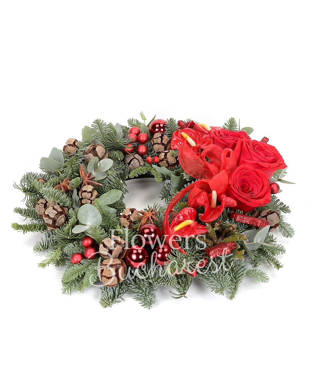 3 red roses, 4 anthurium, brunia, greenery, silver fir, christmas decorations