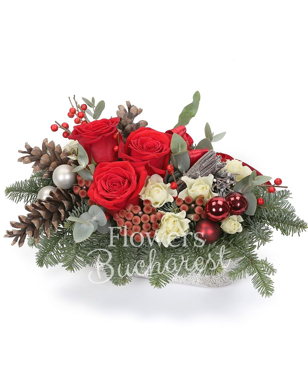 3 red roses, 5 brunia, 3 miniroses, ilex, greenery, silver fir, christmas decorations, ceramic vase