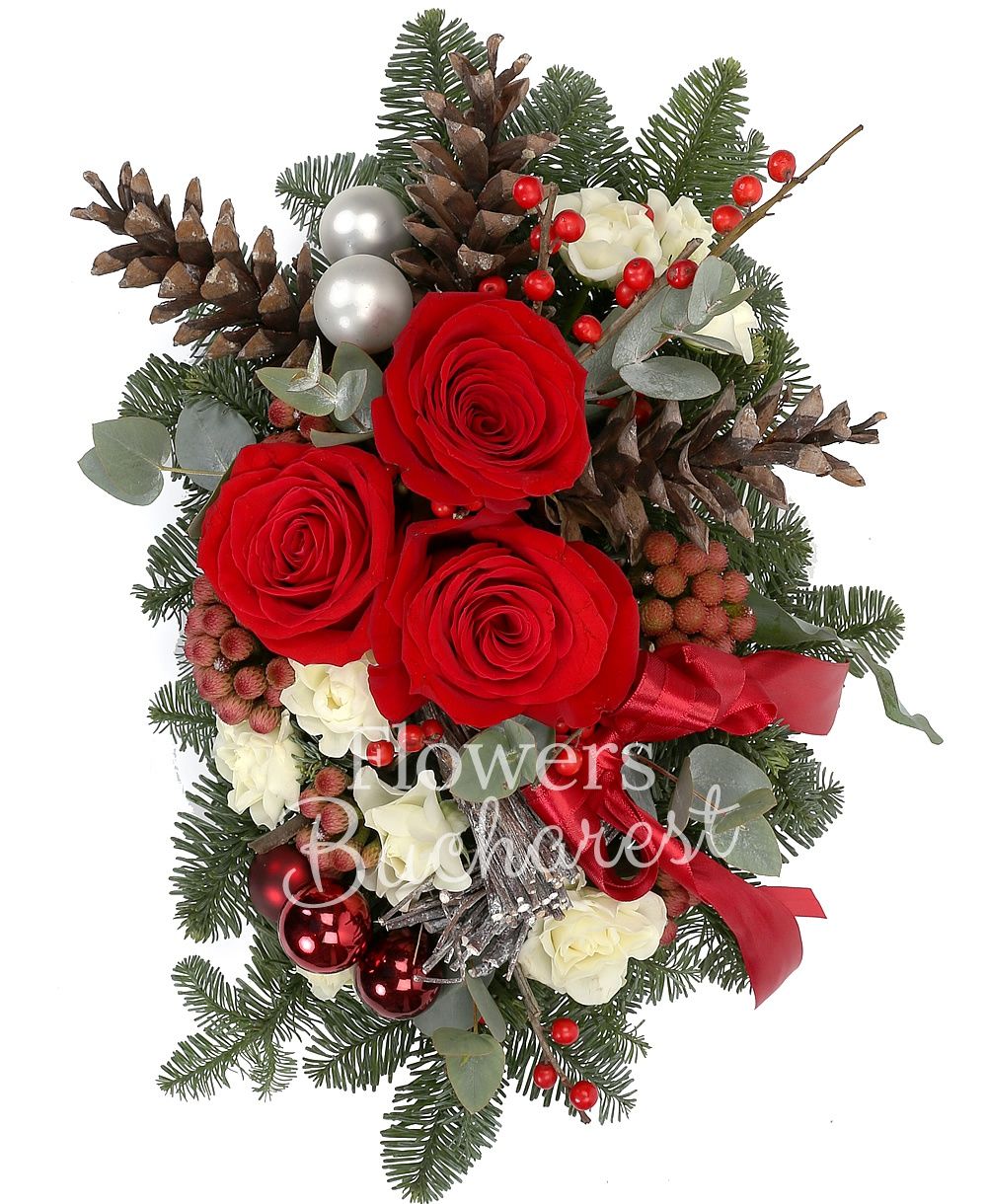 3 red roses, 5 brunia, 3 miniroses, ilex, greenery, silver fir, christmas decorations, ceramic vase