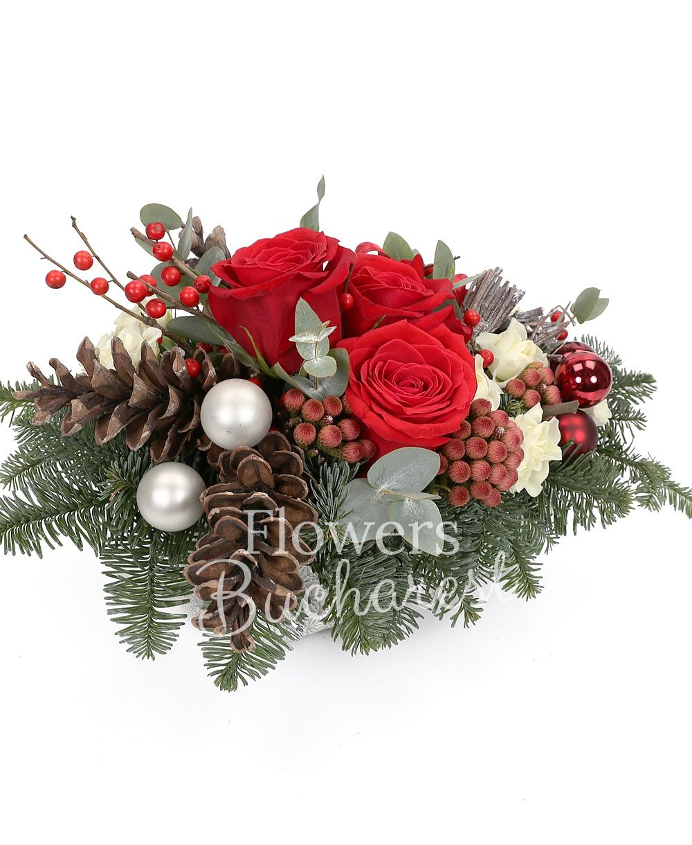 3 red roses, 5 brunia, 3 miniroses, ilex, greenery, silver fir, christmas decorations, ceramic vase