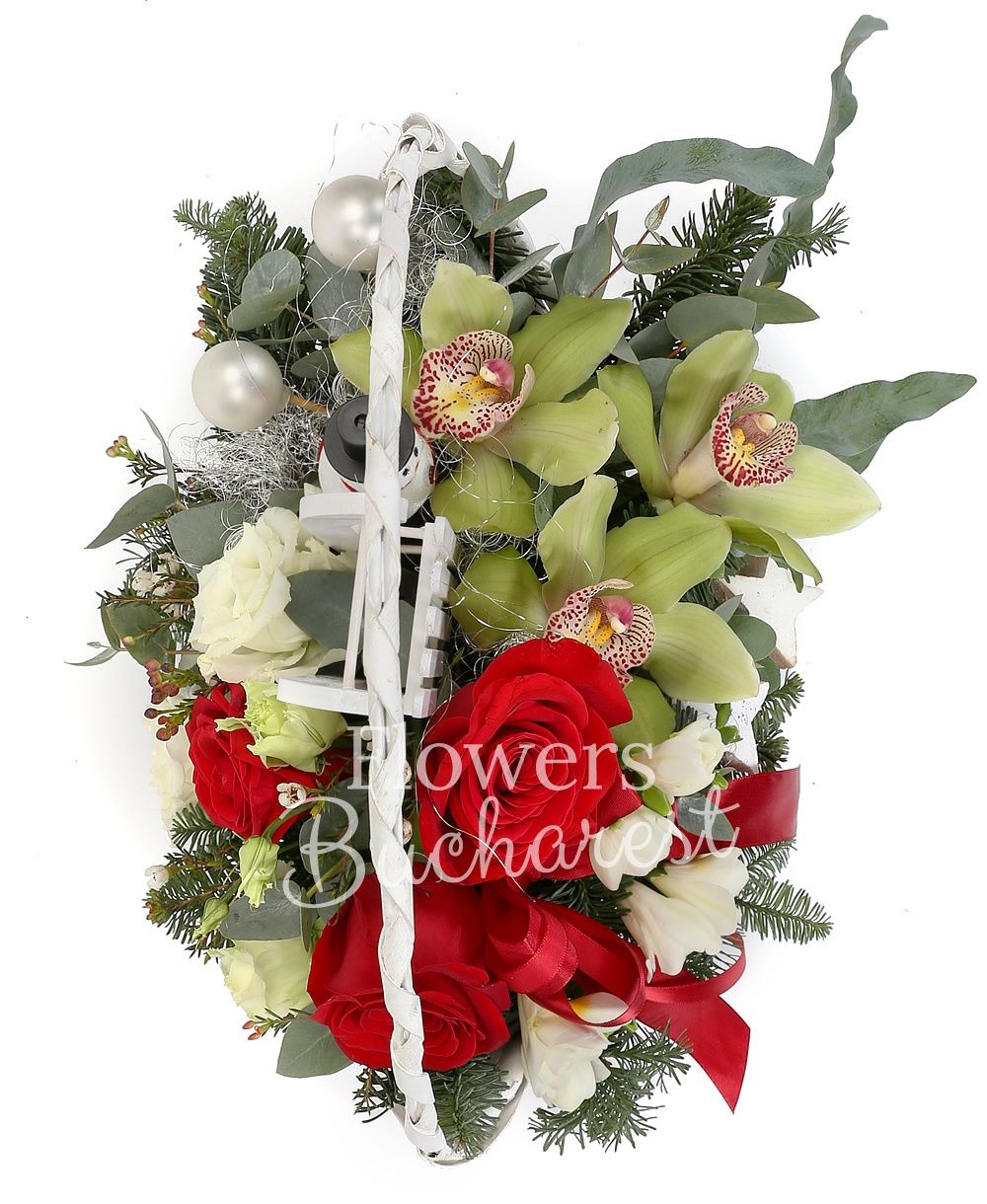 3 red roses, 3 cymbidium, 5 freesias, 1 white lisianthus, waxflower, greenery, silver fir, christmas decorations, basket