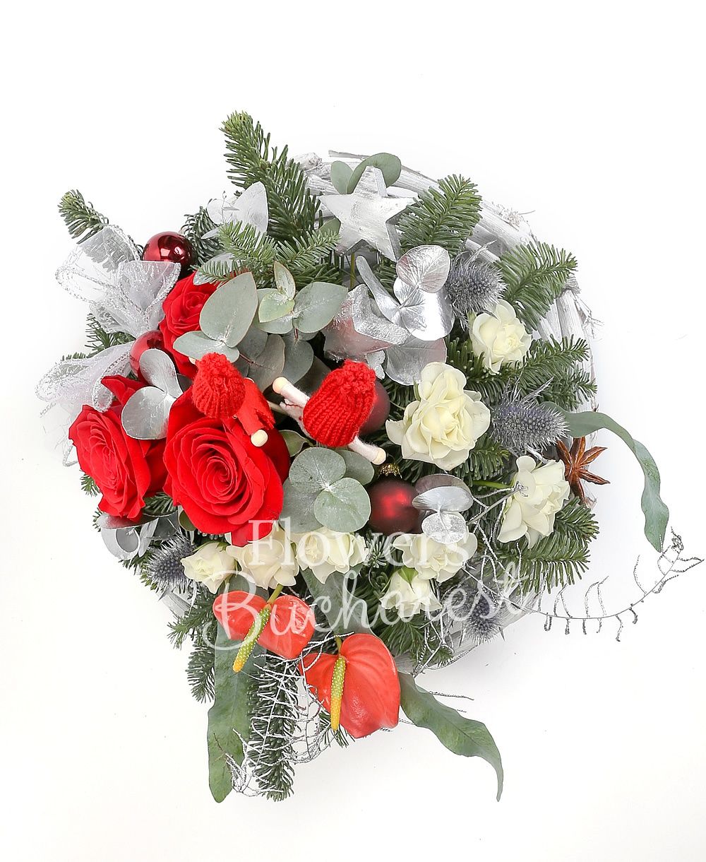 3 red roses, 3 white miniroses, 1 eryngium, 2 anthurium, silver fir, greenery, christmas decorations, basket