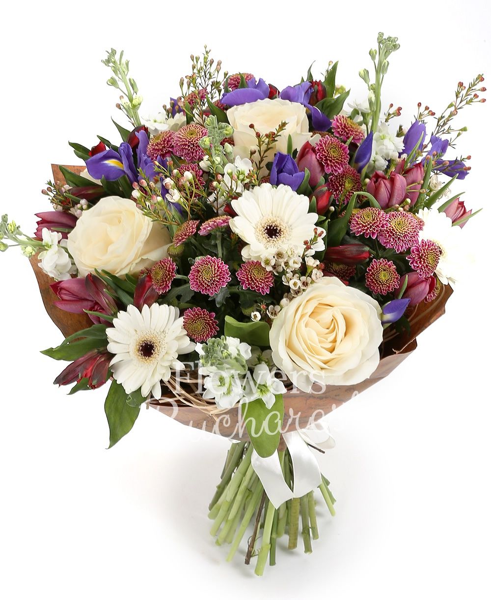 5 white roses, 5 white gerbera, 7 iris, 5 pink santini, 10 mauve tulips, 5 white matthiola, 5 red alstroemeria, greenery