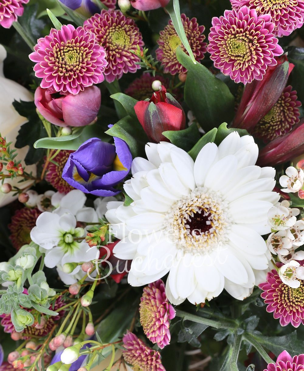 5 white roses, 5 white gerbera, 7 iris, 5 pink santini, 10 mauve tulips, 5 white matthiola, 5 red alstroemeria, greenery