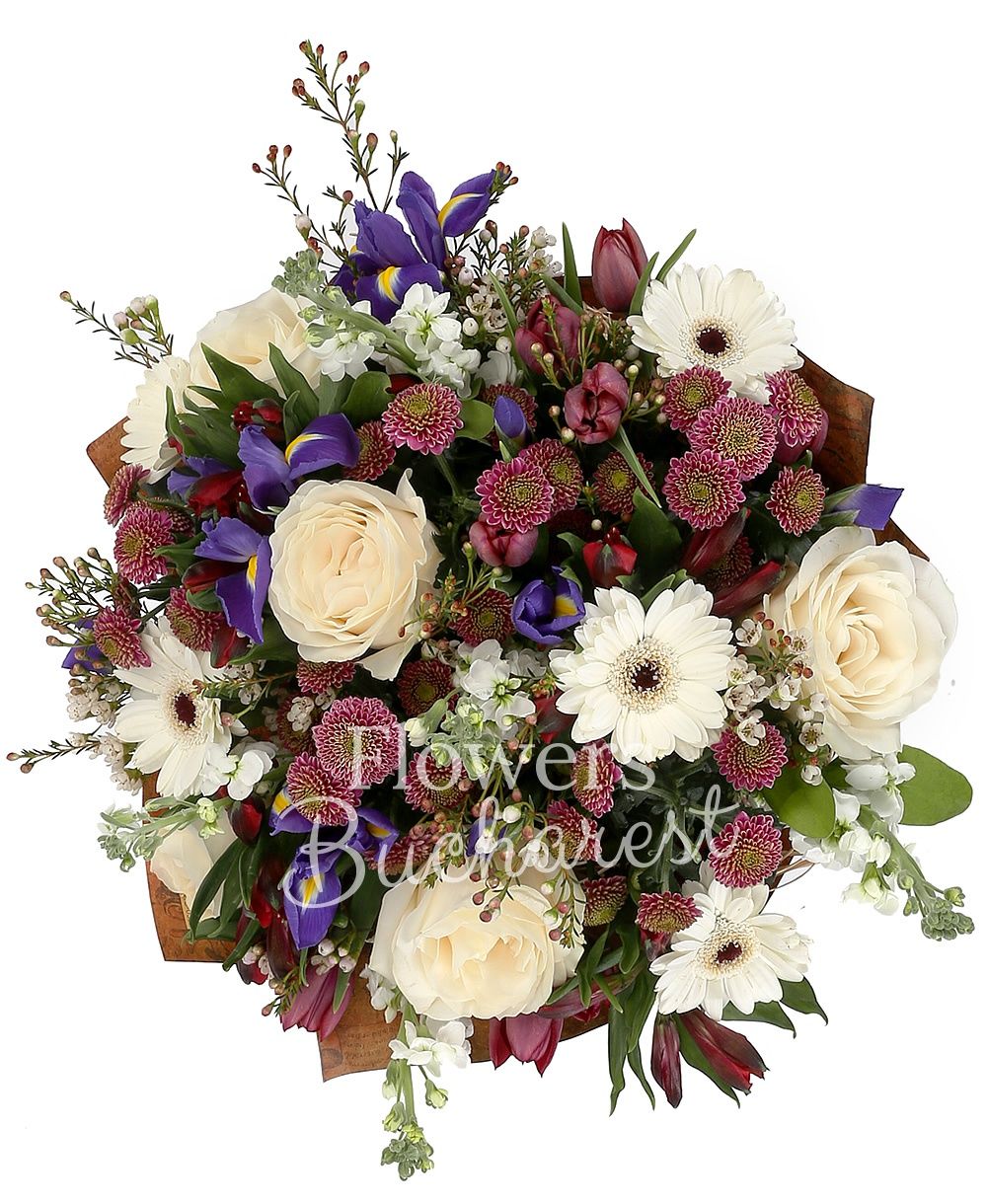 5 white roses, 5 white gerbera, 7 iris, 5 pink santini, 10 mauve tulips, 5 white matthiola, 5 red alstroemeria, greenery