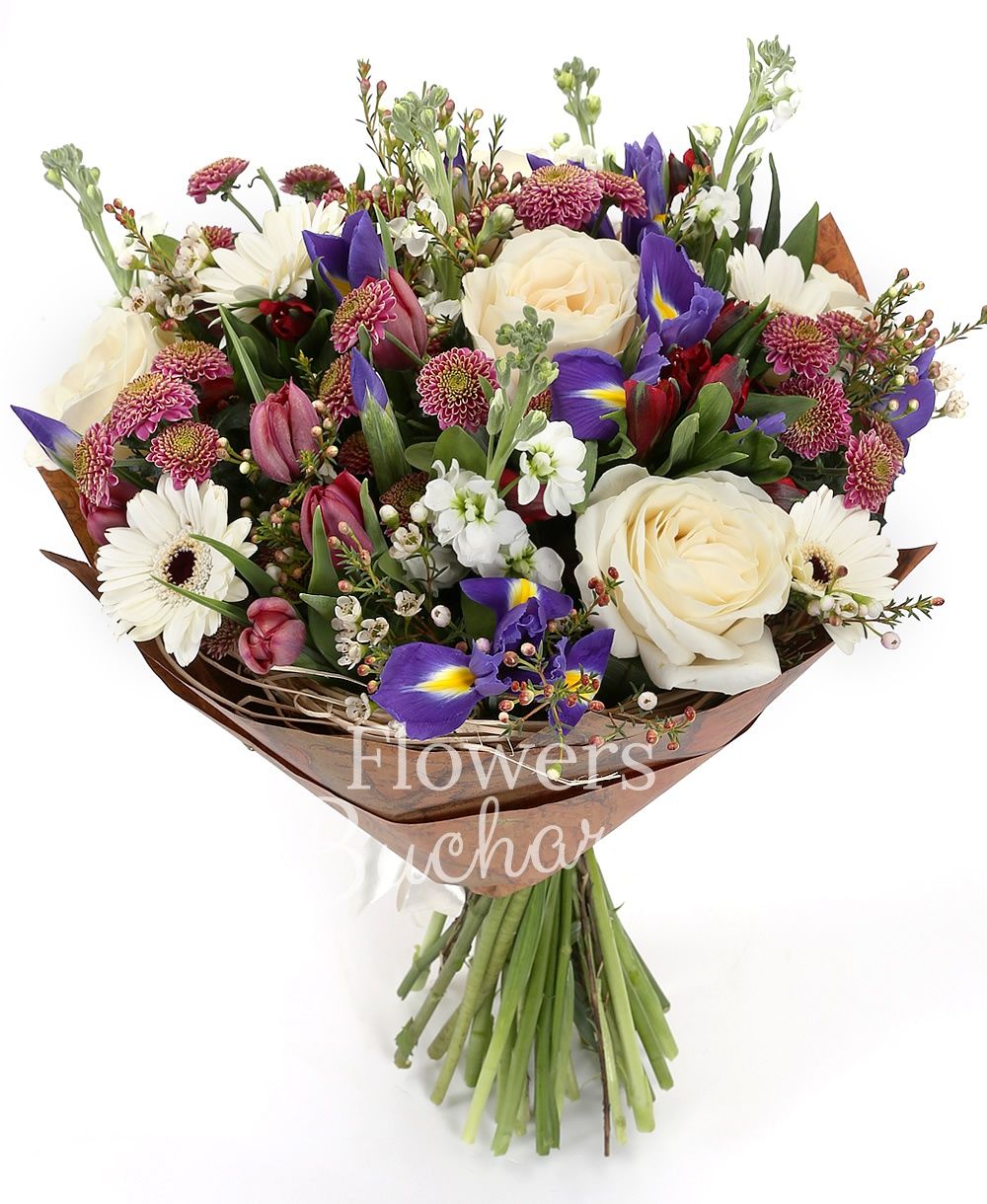 5 white roses, 5 white gerbera, 7 iris, 5 pink santini, 10 mauve tulips, 5 white matthiola, 5 red alstroemeria, greenery