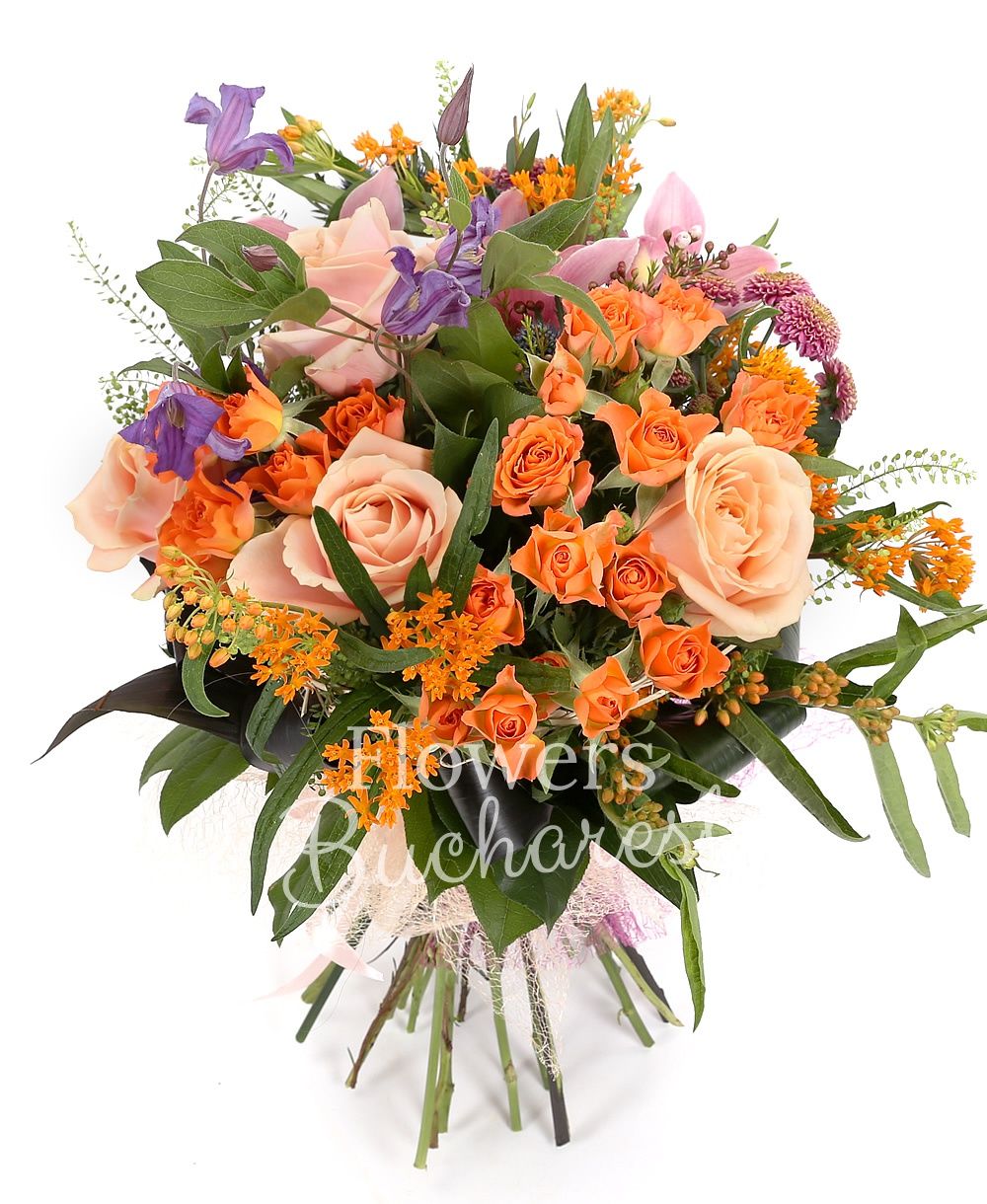 5 peach roses, 5 orange miniroses, 3 pink santini, 3 mauve clematis, 2 eryngium, 2 asclepias, greenery