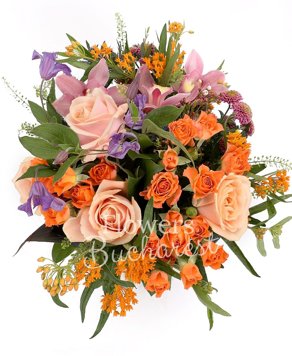 5 peach roses, 5 orange miniroses, 3 pink santini, 3 mauve clematis, 2 eryngium, 2 asclepias, greenery