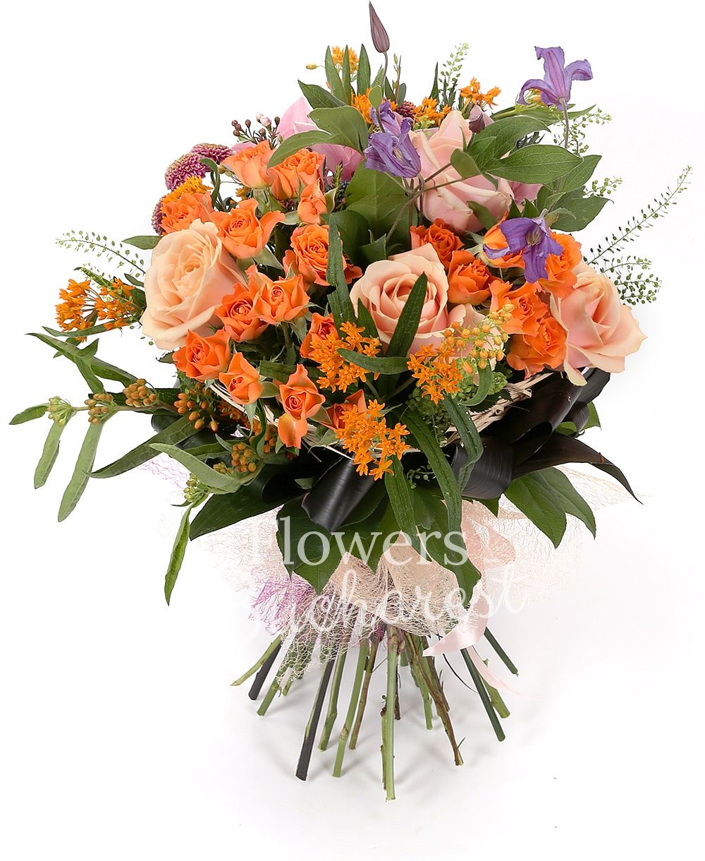 5 peach roses, 5 orange miniroses, 3 pink santini, 3 mauve clematis, 2 eryngium, 2 asclepias, greenery