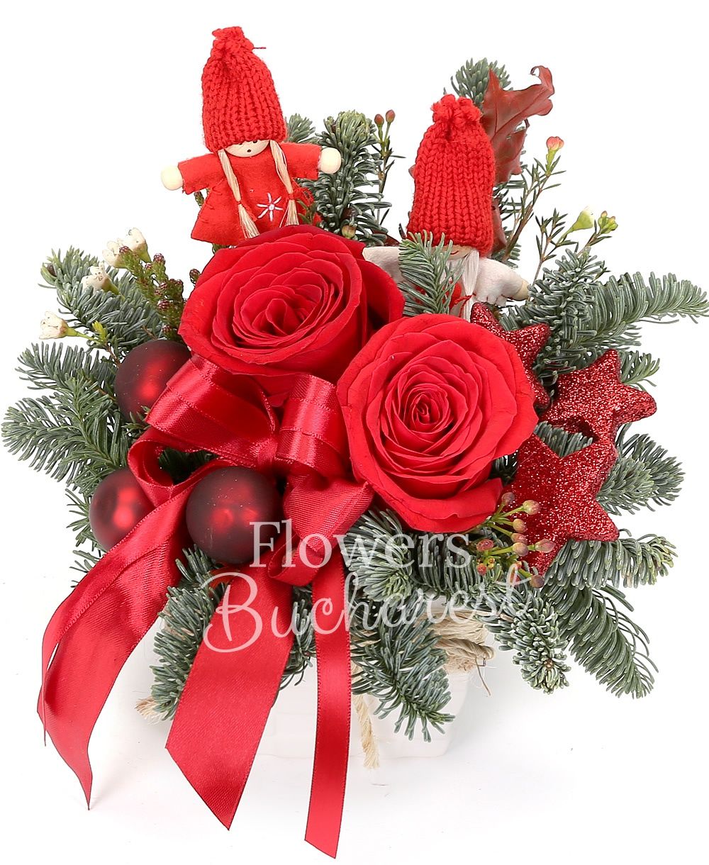 2 red roses, waxflower, brunia, silver fir, christmas decorations, ceramic vase