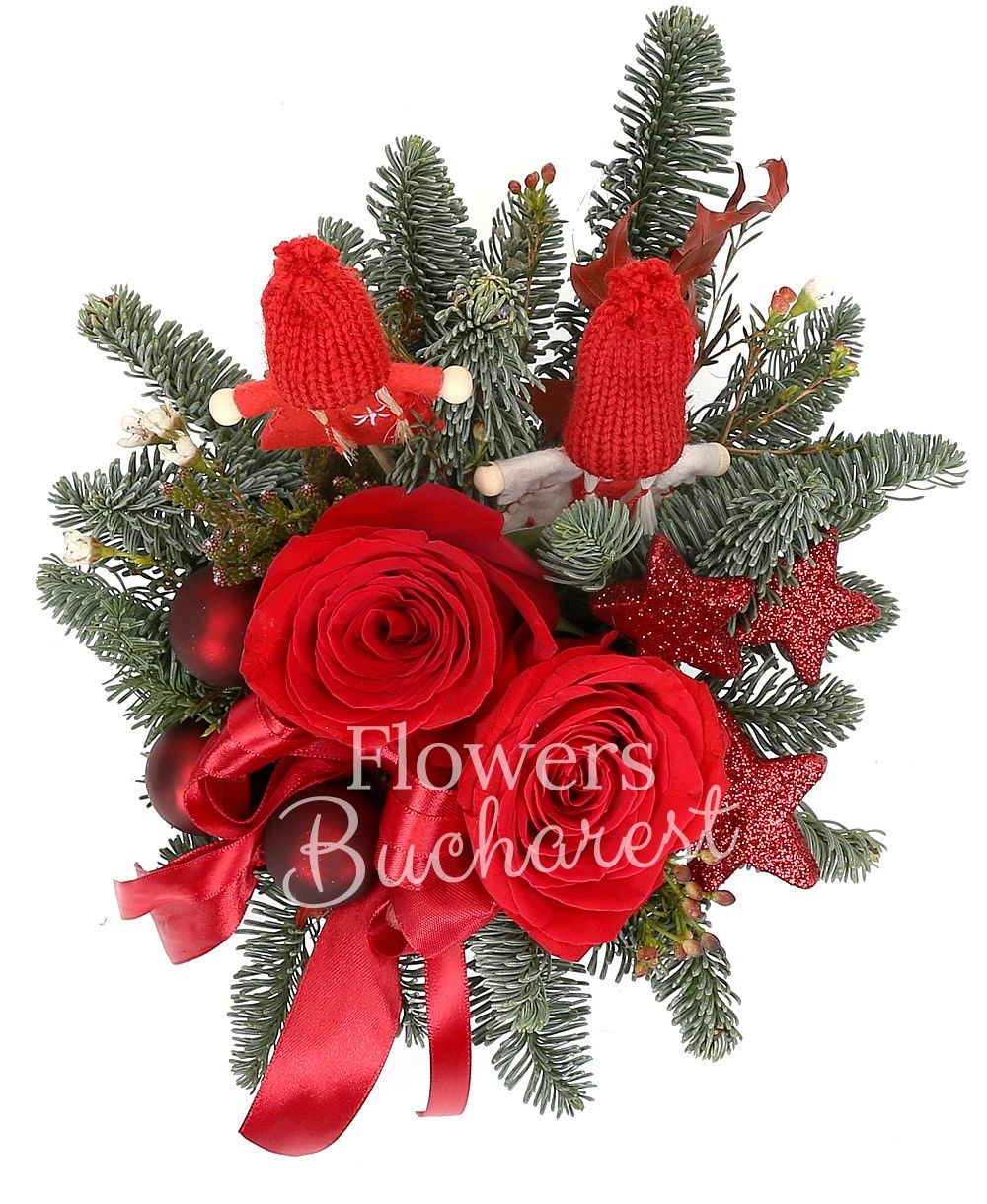 2 red roses, waxflower, brunia, silver fir, christmas decorations, ceramic vase