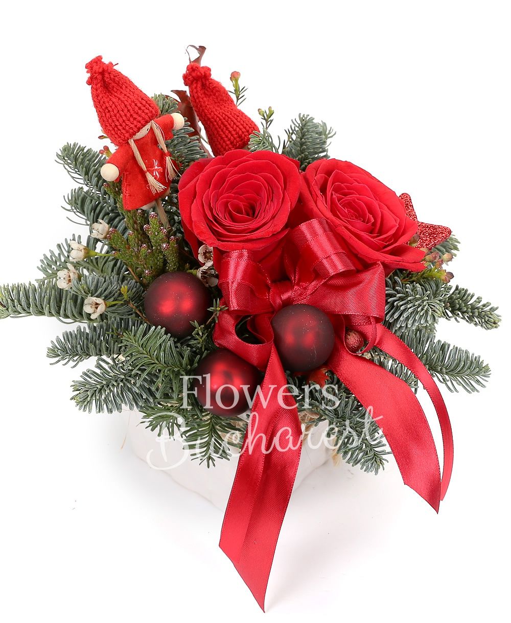 2 red roses, waxflower, brunia, silver fir, christmas decorations, ceramic vase