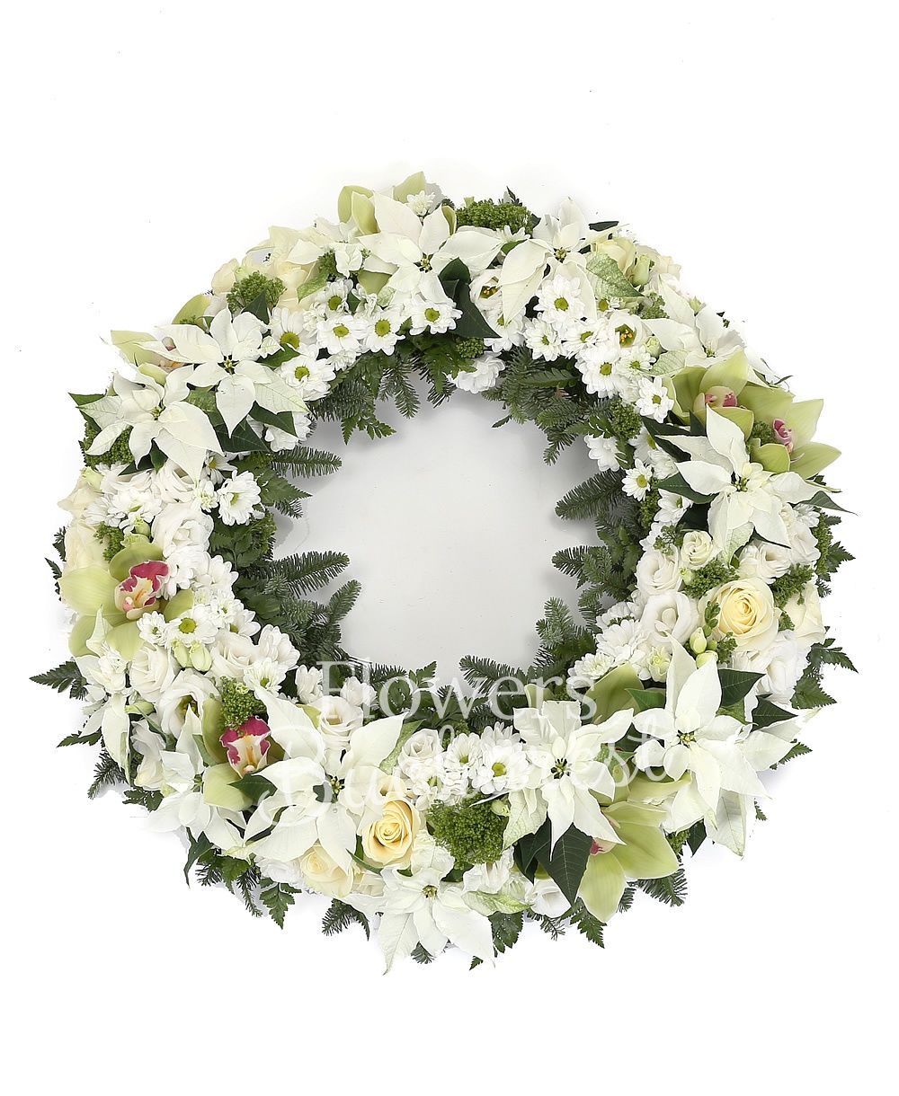 10 white roses, 10 white lisianthus, 10 green trachelium, green cymbidium, 7 chrysanthemums, 10 poinsettia, silver fir, greenery