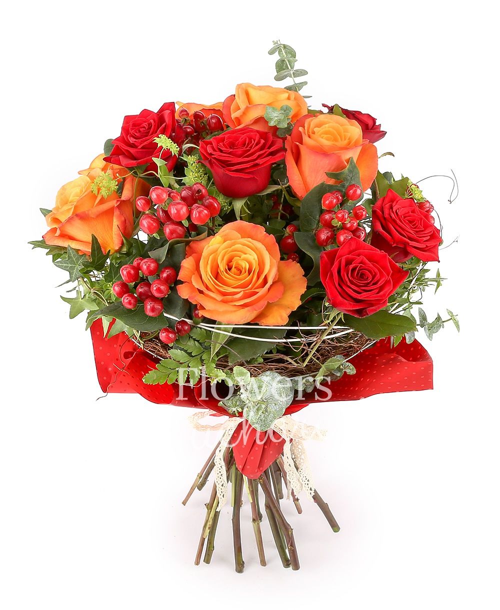 5 red roses, 6 orange roses, 3 hypericum, bupleurum, greenery