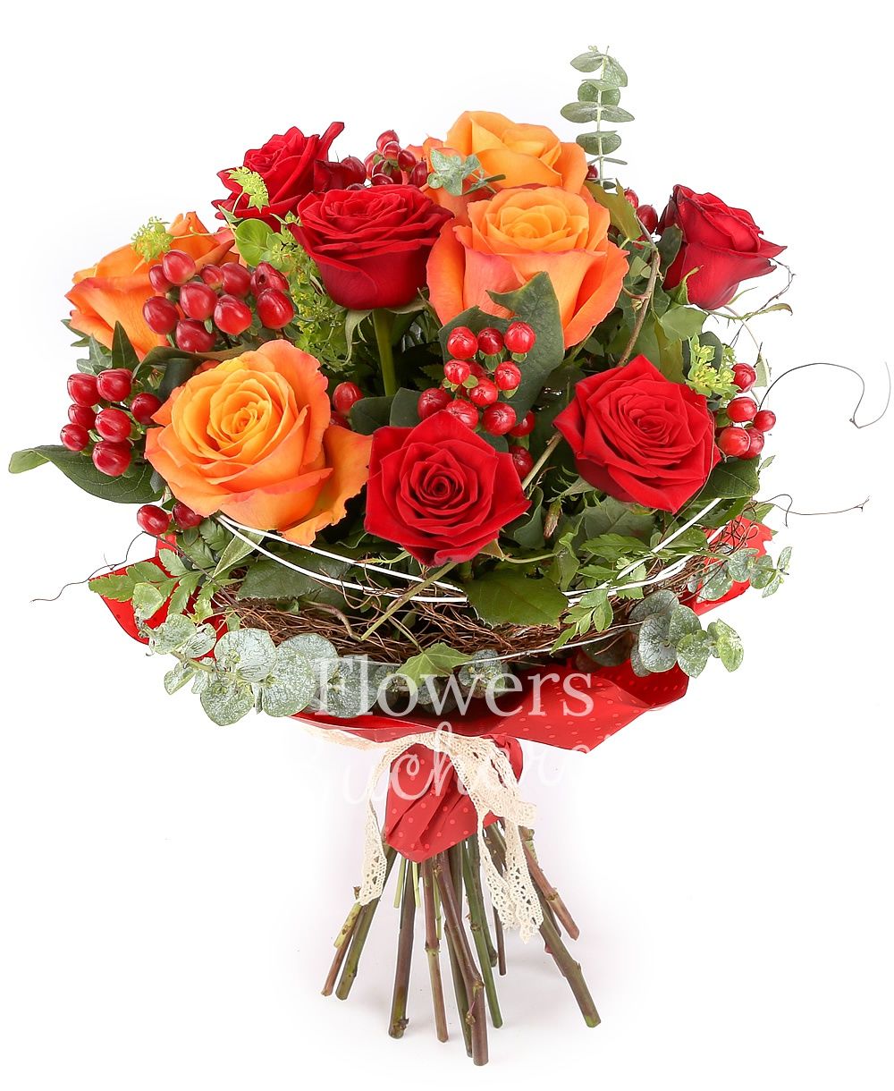 5 red roses, 6 orange roses, 3 hypericum, bupleurum, greenery