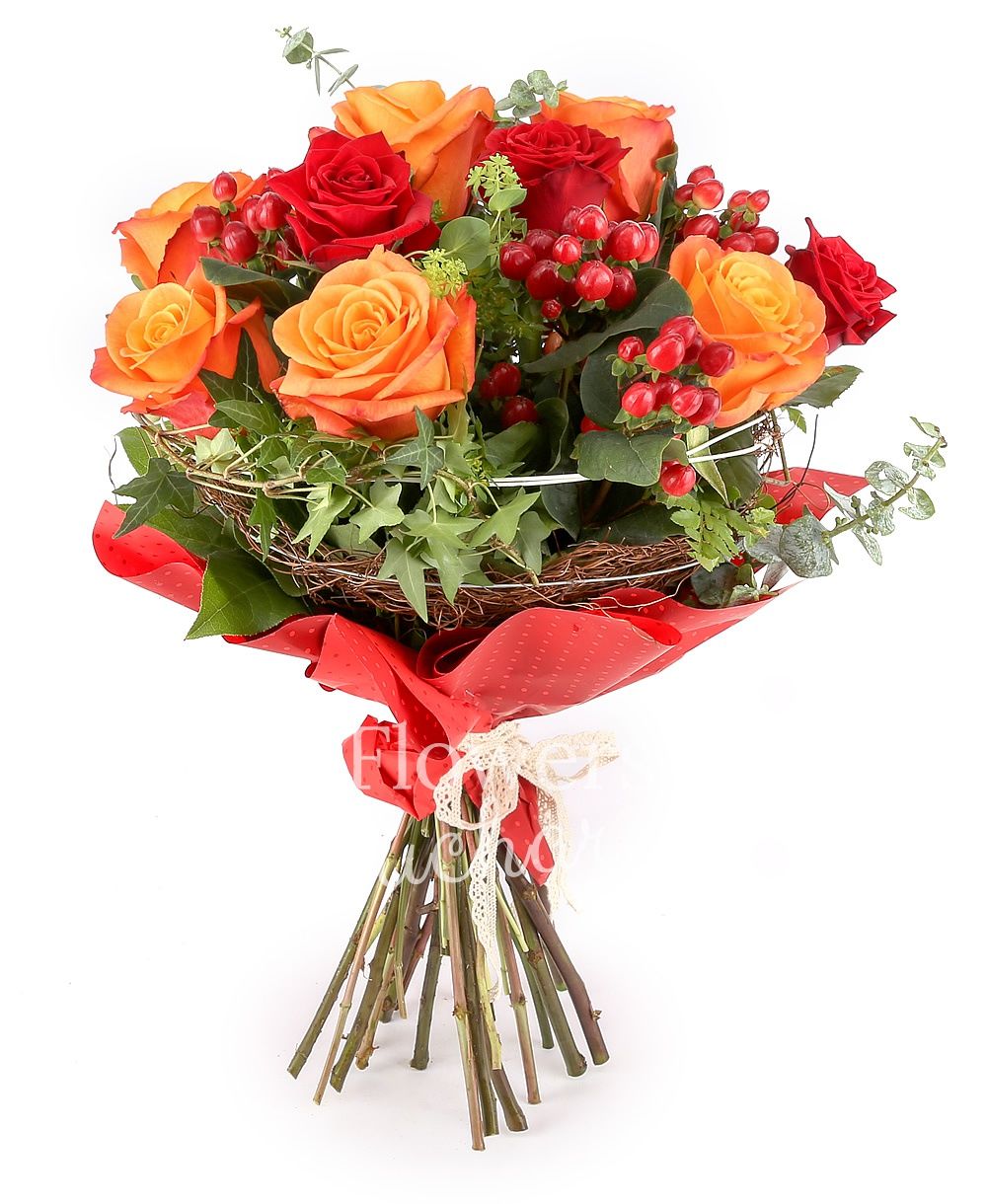 5 red roses, 6 orange roses, 3 hypericum, bupleurum, greenery