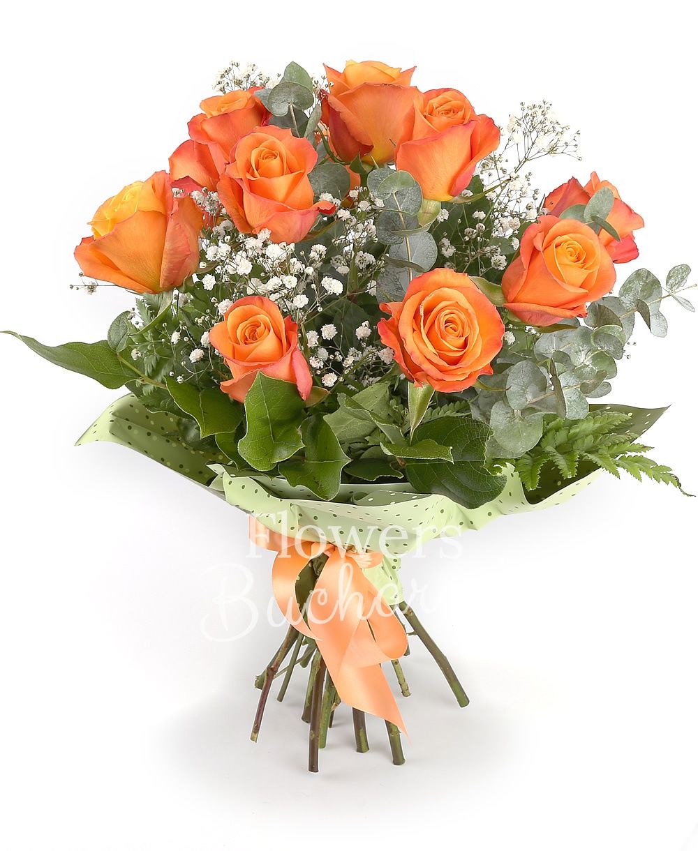 11 orange roses, greenery