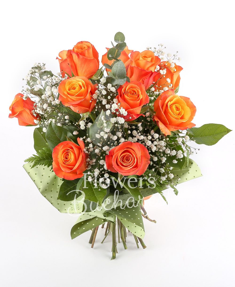 11 orange roses, greenery