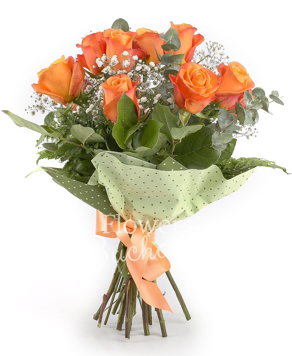 11 orange roses, greenery