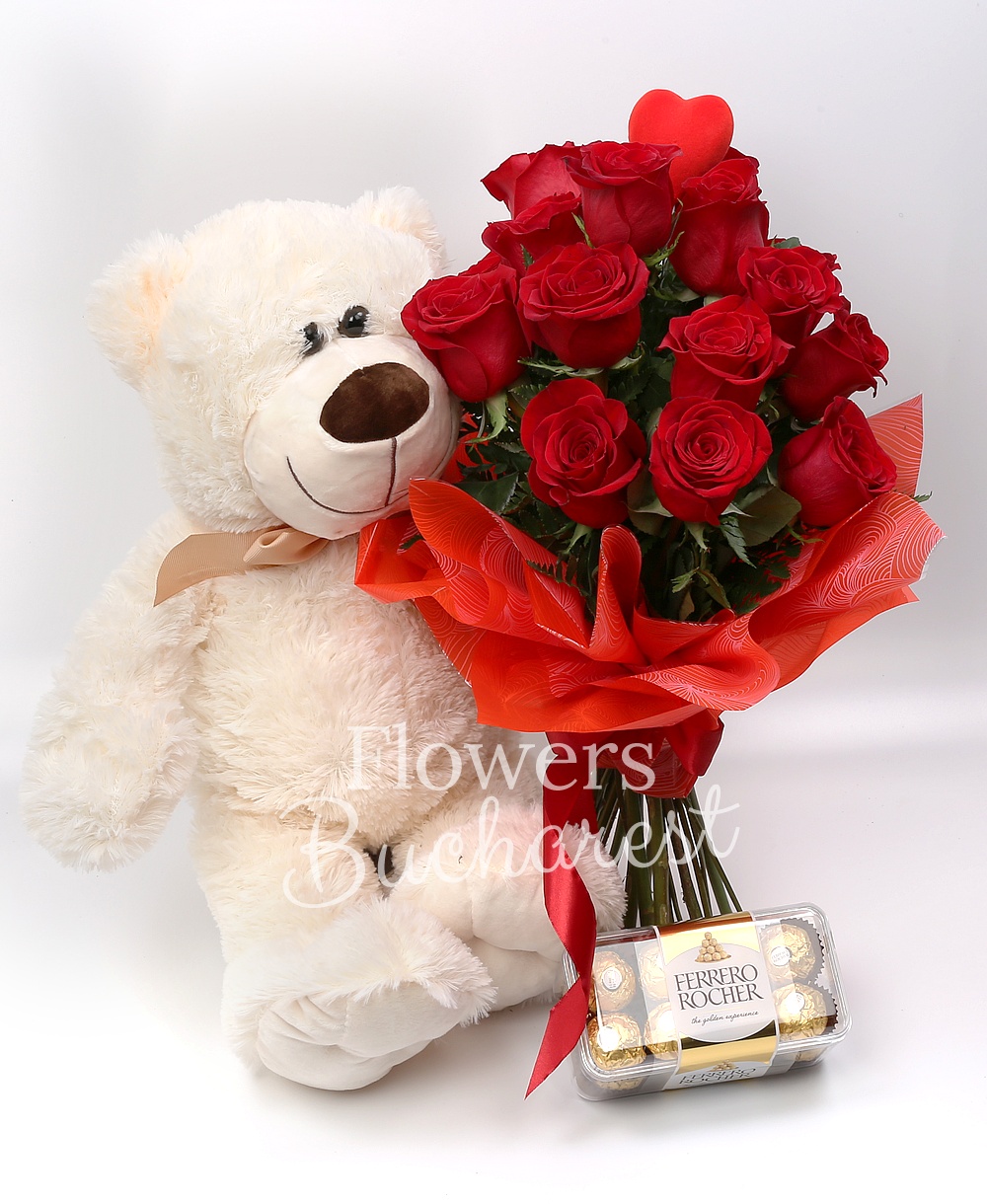 15 roses, big teddy bear, Ferrero Rocher