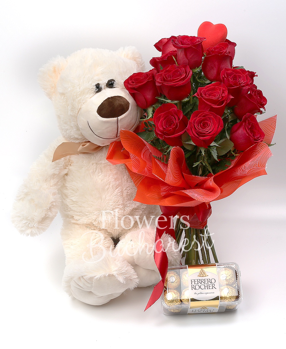 15 roses, big teddy bear, Ferrero Rocher