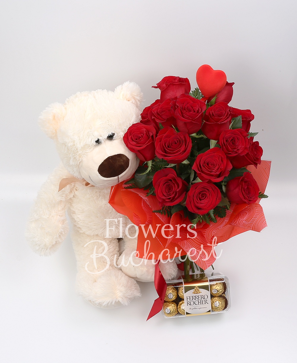 15 roses, big teddy bear, Ferrero Rocher