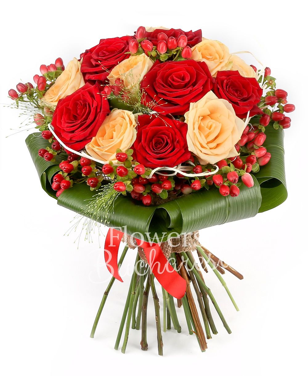 7 red roses, 8 banana yellow roses, 5 red hypericum, greenery