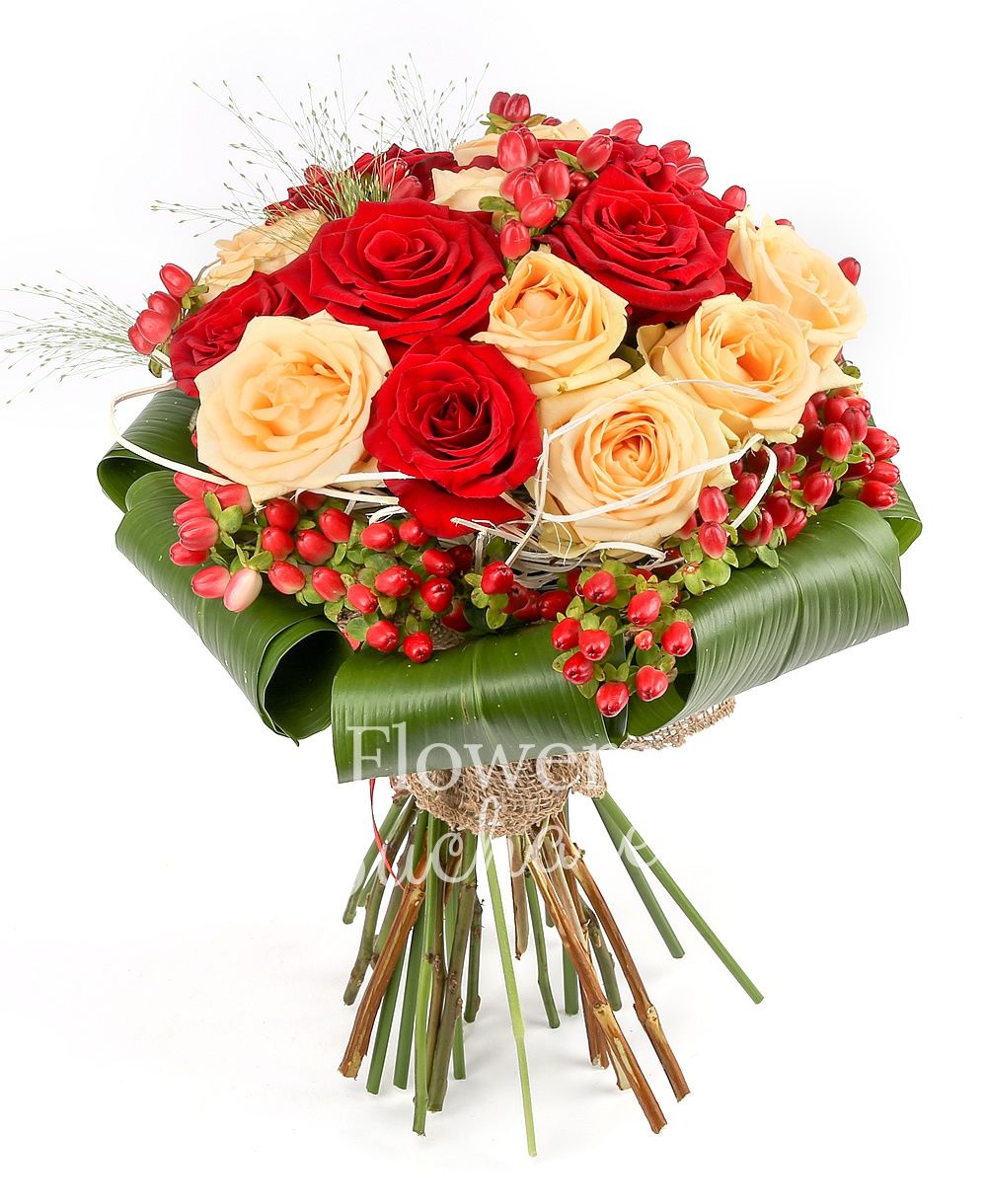 7 red roses, 8 banana yellow roses, 5 red hypericum, greenery