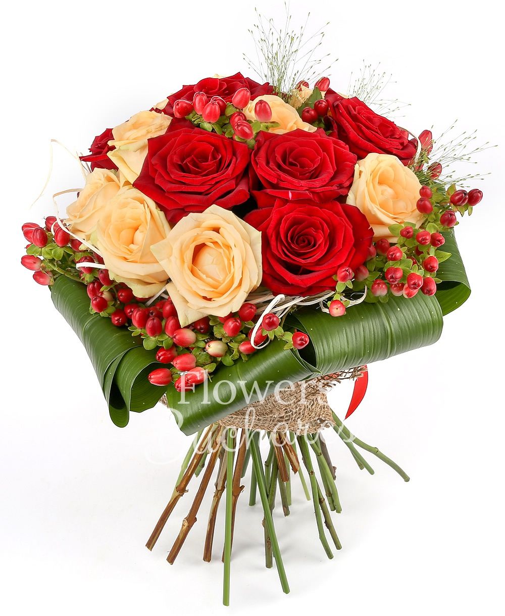 7 red roses, 8 banana yellow roses, 5 red hypericum, greenery