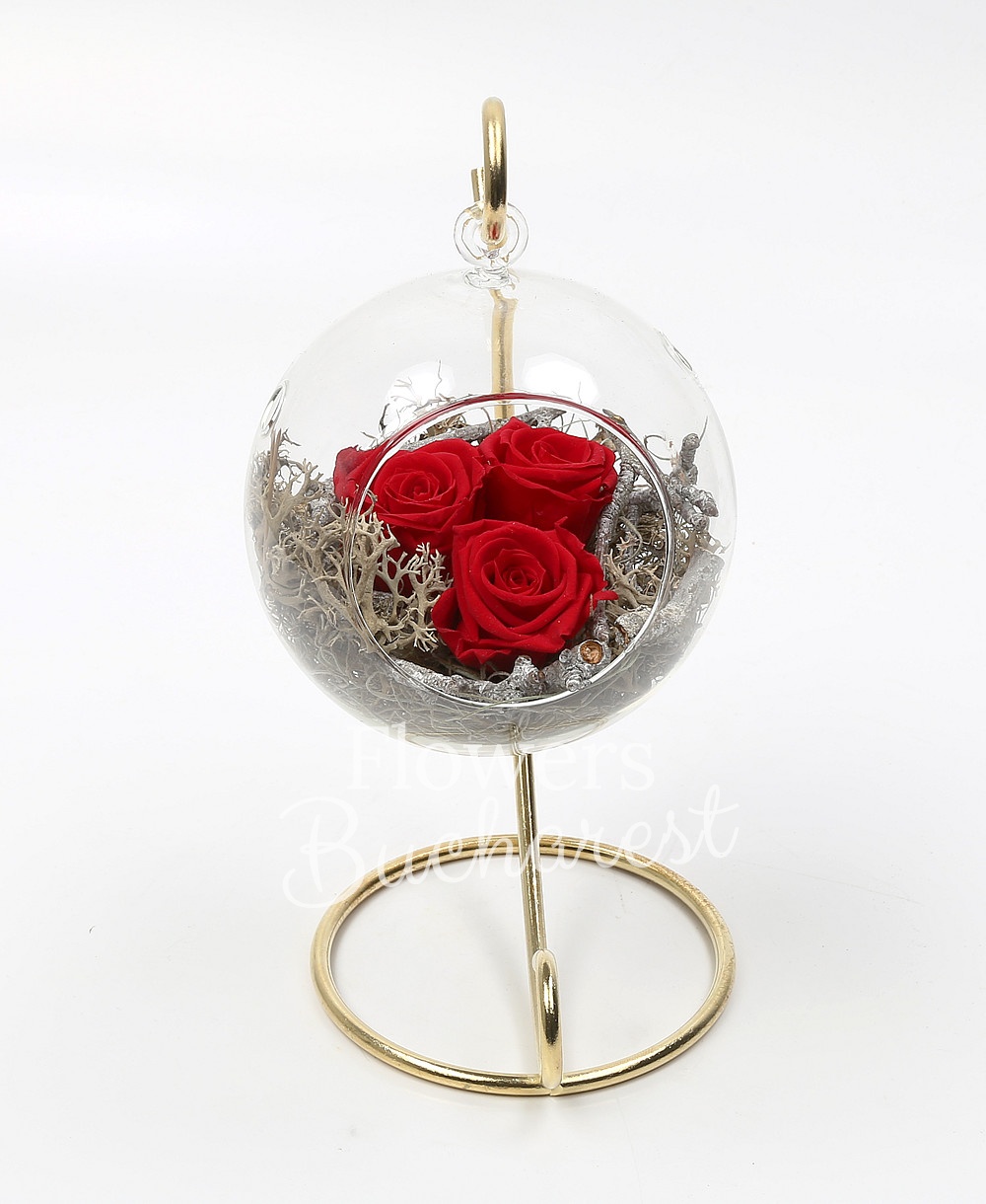 3 cryogenic roses in glass globe