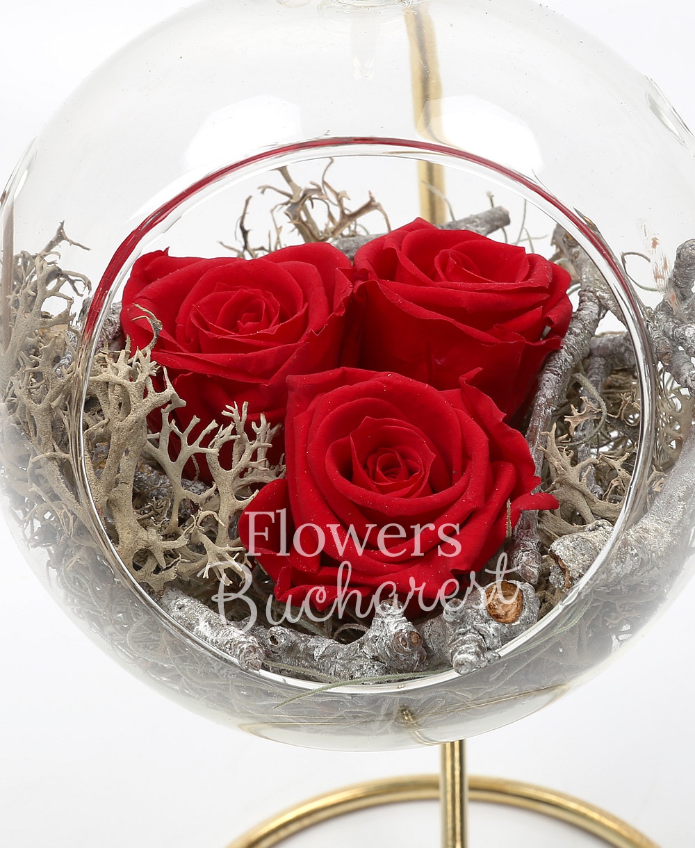 3 cryogenic roses in glass globe