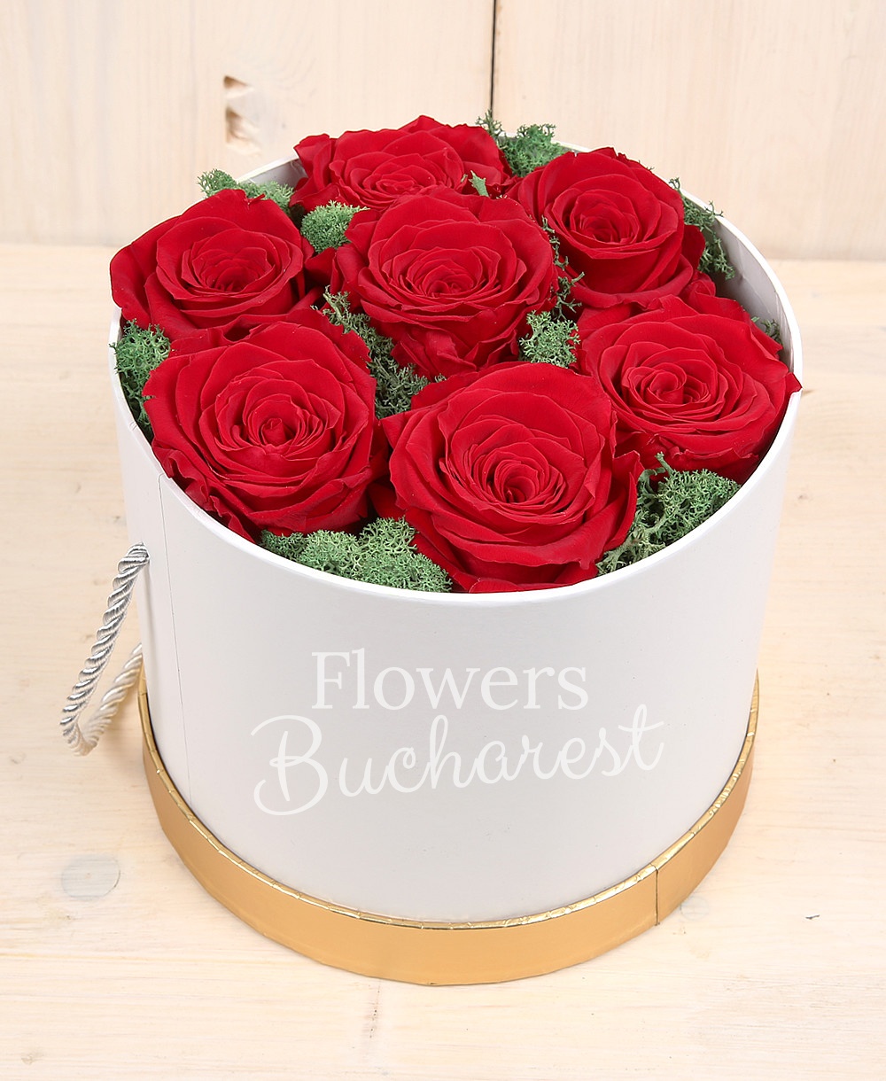 7 cryogenic red roses, round box