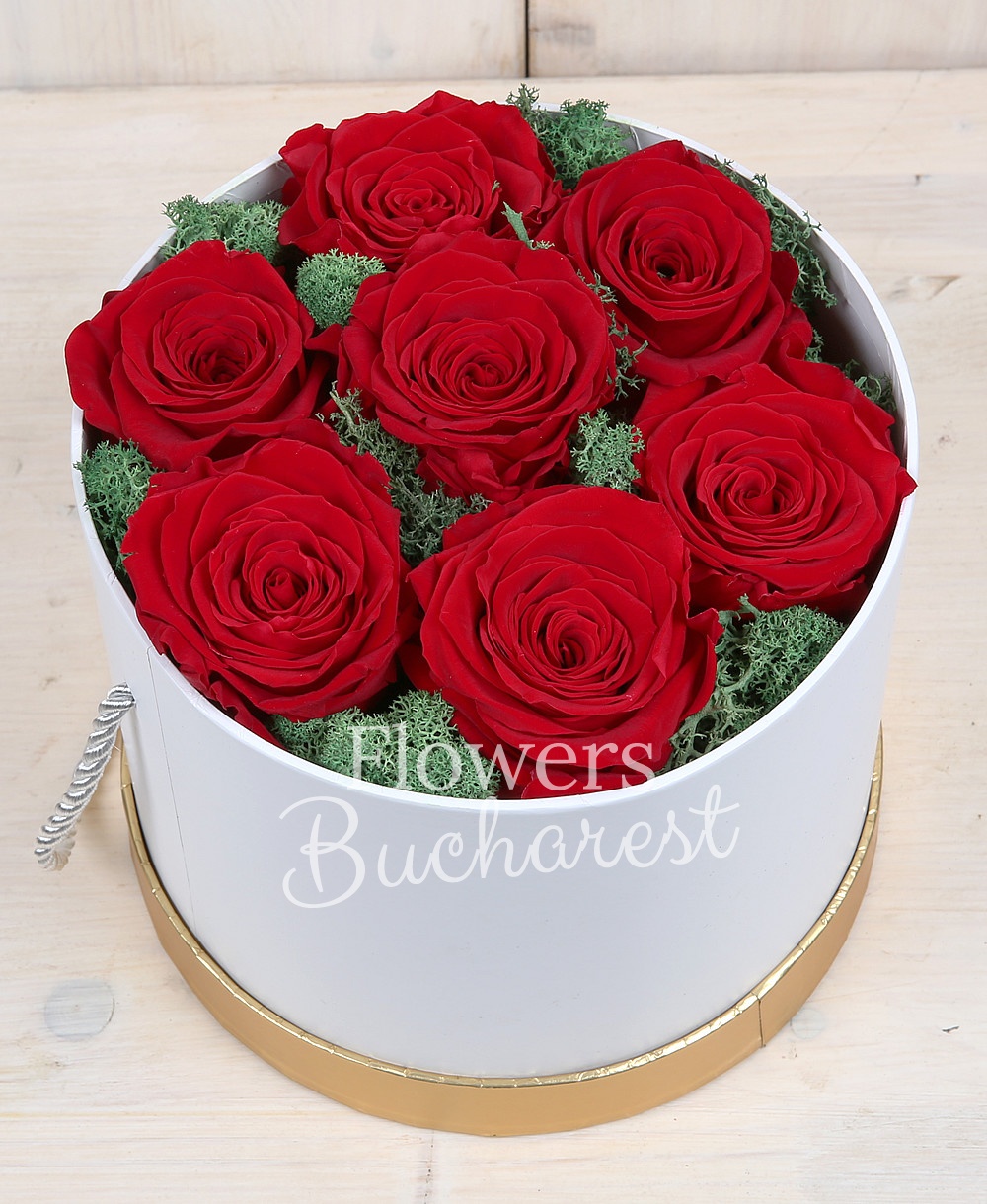 7 cryogenic red roses, round box