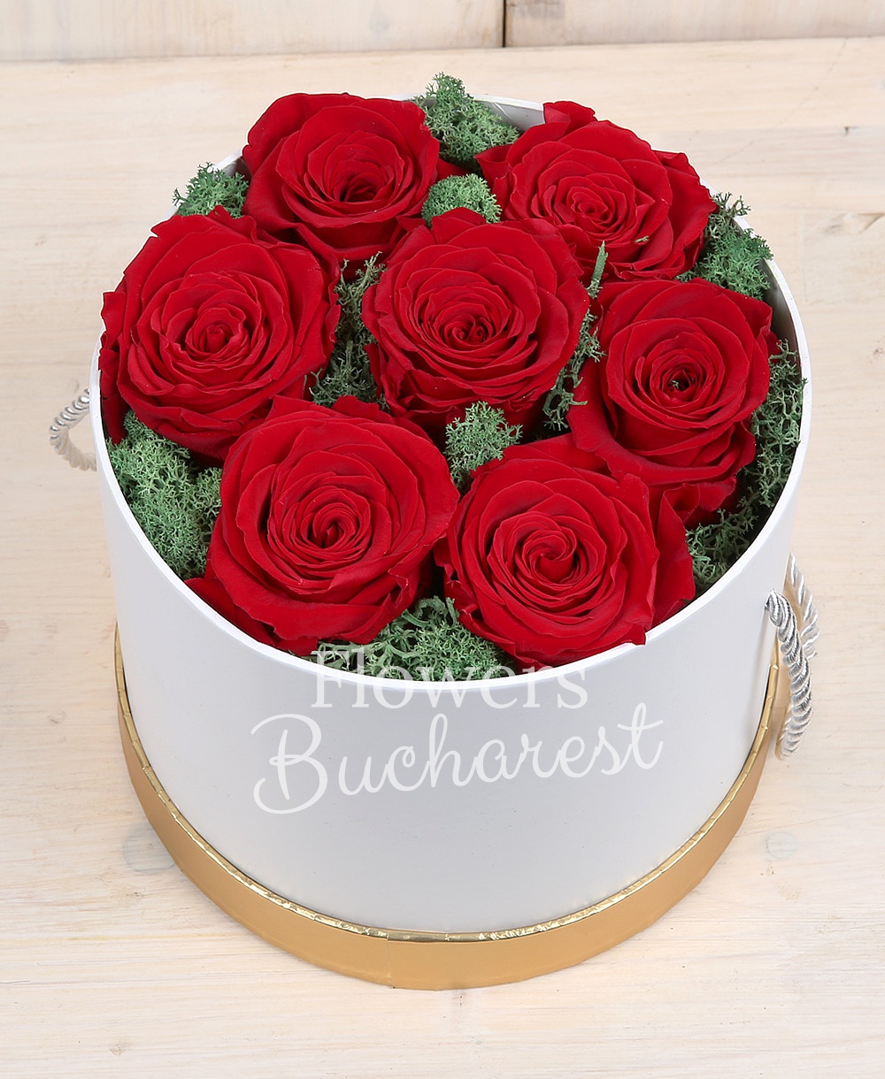 7 cryogenic red roses, round box
